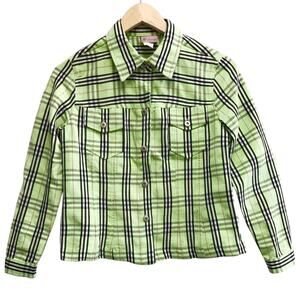 3 Palms Jacket Womens Small Crop Blazer  Plaid Lime Green Button Down
